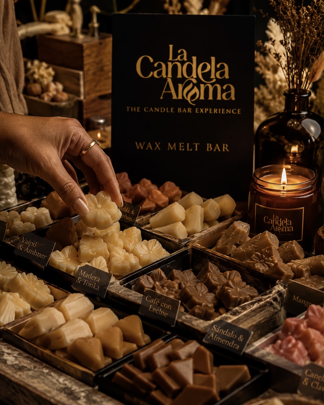 Mano seleccionando un wax melt en el candle bar de La Candela Aroma